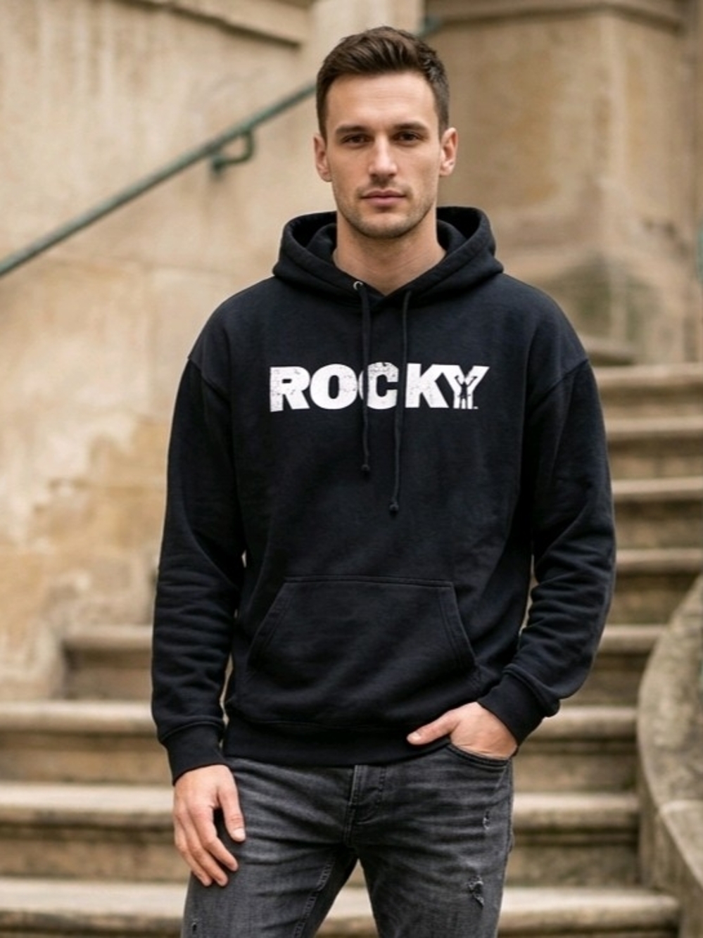 Vtg. Rocky MGM Black Pullover Hoodie Kangaroo Pocket XL Iconic "Rocky" Logo